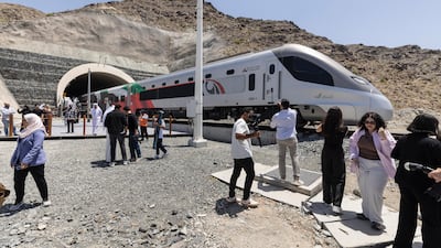 An Etihad Rail passenger train at Al Bithnah Bridge, which is close to Fujairah station. All photos: Antonie Robertson / The National