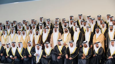 Dignitaries and grooms at the wedding reception of Sheikh Diab bin Mohamed bin Zayed Al Nahyan (standing first row 4th R) who is marrying the daughter of Sheikh Hamdan bin Zayed Al Nahyan Deputy Prime Minister and Ruler of the Western Region (3rd R 4L) an???