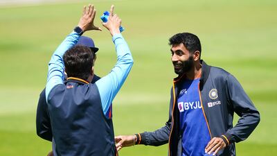 India's stand-in captain Jasprit Bumrah, right, during a nets session at Edgbaston Stadium, Birmingham, on Thursday, June 30, 2022, on the eve of the 5th Test against England. PA