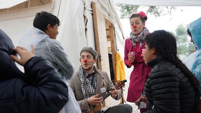 Clowns from Red Noses International assisted MSF in vaccinating over 1000 children in Lesbos. Courtesy Red Noses International
