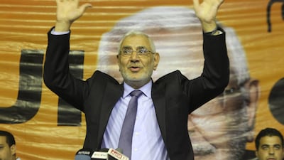 Abdel Moneim Aboul Fotouh waves during an appearance at Embaba in Giza, near Cairo, while campaigning for the Egyptian presidency on April 19 , 2012. Khaled Elfiqi / EPA