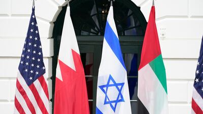 The flags of the United States, Bahrain, Israel and the UAE during a signing ceremony of the Abraham Accord on the South Lawn of the White House in Washington, DC, on September 15, 2020. EPA
