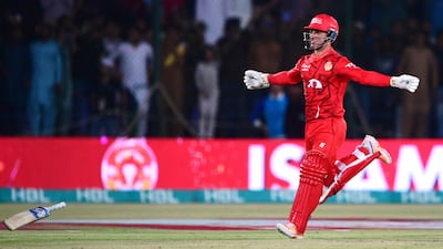 Islamabad United's Hunain Shah celebrates scoring the winning runs in the 2024 PSL final. EPA