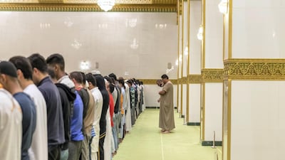 Morning prayers on the first day of Ramadan at the Al Salam Mosque in Al Barsha 2, Dubai. Antonie Robertson / The National
