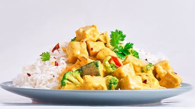 A versatile ingredient, tempeh can be used as a chicken substitute. Seen here, Asian yellow curry from Hello Tempayy.