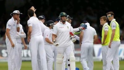 England players celebrate the dismissal of South Africa's Jacques Kallis.