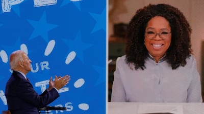 Democratic U.S. presidential nominee and former Vice President Joe Biden takes part in a virtual Get Out the Vote event with Oprah Winfrey in Wilmington, Delaware, U.S., October 28, 2020. REUTERS/Brian Snyder