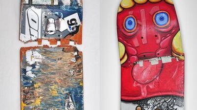 The artist Mark Cloud transformed the beaten-up skateboard on the left into the thing of beauty on the right for the Fakie event. Courtesy FN Design / Tashkeel