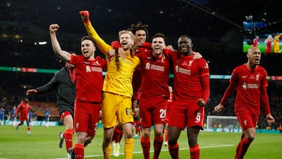 Liverpool's Diogo Jota, Caoimhin Kelleher, Trent Alexander-Arnold, Andrew Robertson and Ibrahima Konate celebrate after winning the penalty shoot-out in the League Cup final against Liverpool. Reuters