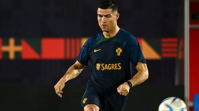 DOHA, QATAR - NOVEMBER 19: Cristiano Ronaldo of Portugal in action during the Portugal Training Session at Al Shahaniya SC Training Site on November 19, 2022 in Doha, Qatar. (Photo by Clive Mason / Getty Images)