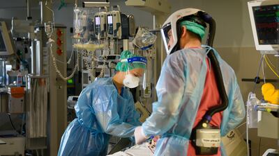 A nurse cares for a patient in the Covid-19 intensive care unit at Dresden Municipal Hospital. AP Photo