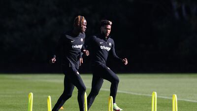 Chelsea defenders Trevoh Chalobah and Reece James during training. AFP