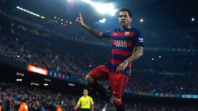 Barcelona’s Dani Alves celerbates his goal on Wednesday night in a Copa del Rey victory at the Camp Nou. David Ramos / Getty Images