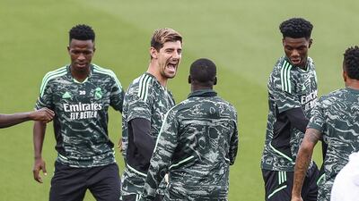 Real goalkeeper Thibaut Courtois, centre, during training at Valdebebas Sports City in Madrid on September 13, 2022. EPA