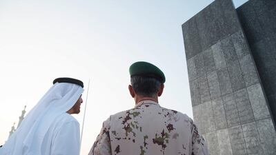 Sheikh Mohammed and Lt Gen Hamad Al Romaithi visit Wahat Al Karama on Wednesday. Mohamed Al Suwaidi / Crown Prince Court — Abu Dhabi