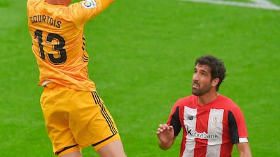Real Madrid goalkeeper Thibaut Courtois stops a shot on goal. AFP