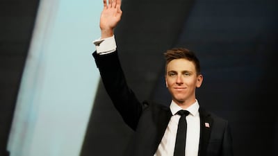 Tadej Pogacar, winner of the 2021 Tour de France, attends at the presentation of the Tour de France 2022. AP