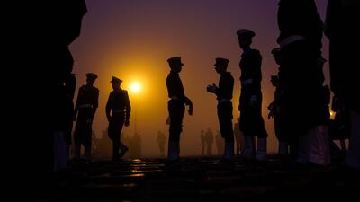 Indian military personnel rehearse in Rajpath, New Delhi ahead of the forthcoming Republic Day parade. Chandan Khann / AFP Photo