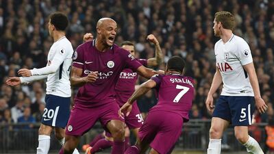 Manchester City's Raheem Sterling turns to celebrate after scoring his sides third. Andy Rain / EPA
