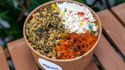 Spinach and egusi (melon-seed) stew with fonio plantain.