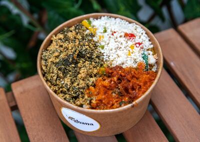 Spinach and egusi (melon-seed) stew with fonio plantain from Veghana. Victor Besa / The National