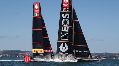 Prada Luna Rossa in action against Ineos Team UK during Race 5 of the Prada Cup Final at Auckland Harbour on Sunday, February 20. Getty