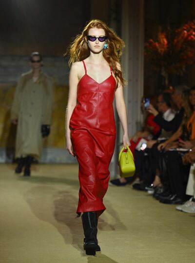 Models wore leather on the runway. AFP