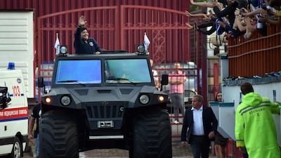 Football star Diego Maradona arrives at the stadium in Brest. The 57-year-old Argentinian is visiting Belarus for the first time after becoming the chairman of the board of Dynamo Brest football club. AFP