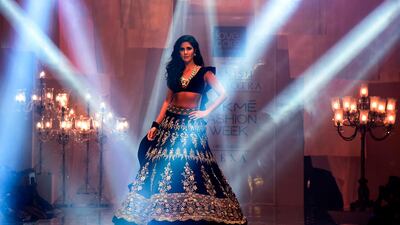 Katrina Kaif models for Manish Malhotra during Lakme Fashion Week winter / festive 2019 in Mumbai. Photo: Sujit Jaiswal / AFP
