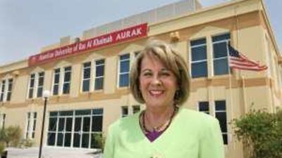 Prof Sharon Siverts, president of the American University of Ras al Khaimah, stands outside one of the newly refurbished campus buildings. The first-year school began classes yesterday.