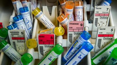 (FILES) This file photo taken on September 3, 2018 shows tubes of homeopathic granules at a pharmacy in Lille. Defenders of homeopathic medicines were heard by the French High Health Authority (Haute autorite de sante) on June 12, 2019 to try to maintain their reimbursement. It will give its final decision on June 28, 2019. / AFP / Philippe HUGUEN