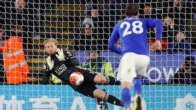 Leicester City's Kasper Schmeichel saves from Aguero's penalty. Reuters