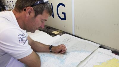 PORTUGAL, Cascais, 19th June 2014. Abu Dhabi Ocean Racing. Simon Fisher, Navigator checks out the charts.