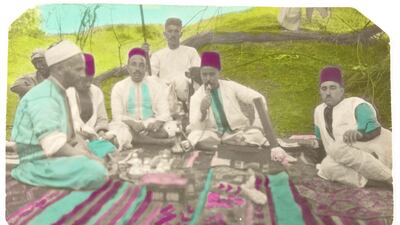 Undated hand-coloured photograph from Morocco, gelatin silver developing-out paper print. Mami Bargach Collection, courtesy of the Arab Image Foundation