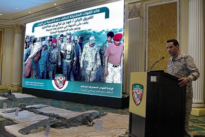 Col Turki Al Malki, spokesman for the Saudi-led coalition forces, on Monday warned of a “painful” response if the Houthis continued to launch attacks on Saudi Arabia using Iran-supplied drones. Ahmed Yosri / EPA