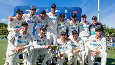 New Zealand players celebrate after beating Pakistan by an innings and 176 runs at the Hagley Oval, in Christchurch, to win the second Test and complete a 2-0 series victory on January 6. AP