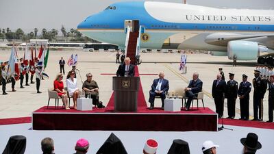 US president Donald Trump speaks during a welcoming ceremony upon his arrival at Ben Gurion International Airport in Lod near Tel Aviv, Israel on May 22, 2017. Amir Cohen / Reuters