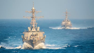 FFJT22 U.S Navy Arleigh Burke-class guided missile destroyers USS Ramage and USS Gonzalez transit the Strait of Bab el-Mandeb February 13, 2016 in the Arabian Gulf. (US Navy Photo / Alamy Stock Photo) *** Local Caption *** fo23mr-yemen-elmandeb.jpg