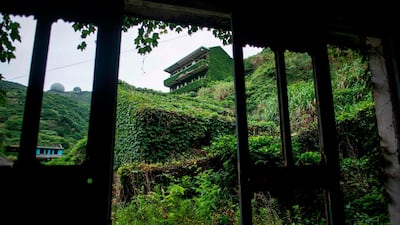 Abandoned village houses covered with overgrown vegetation in Houtouwan on Shengshan island, China's eastern Zhejiang province.