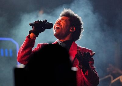 The Weeknd performs during the halftime show of the NFL Super Bowl 55. AP