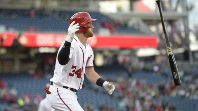 Bryce Harper of the Washington Nationals watches his grand slam against the Atlanta Braves earlier this month. Nick Wass / AP / April 14, 2016