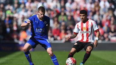 Marc Albrighton of Leicester City is watched by DeAndre Yedlin of Sunderland during the Premier League match between Sunderland and Leicester City at the Stadium of Light on April 10, 2016 in Sunderland, England. (Photo by Michael Regan/Getty Images)