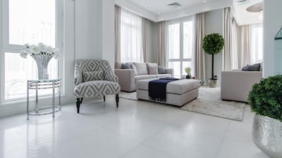 The master bedroom comes with a walk-in wardrobe and access to a terrace. It has views of Burj Khalifa. The large maid's room has a private bathroom.