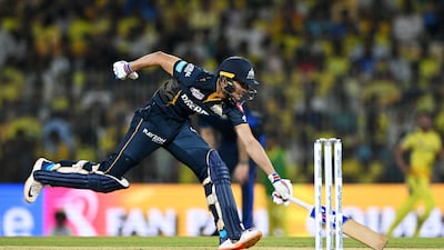 Gujarat Titans captain Shubman Gill reaches the crease. AFP