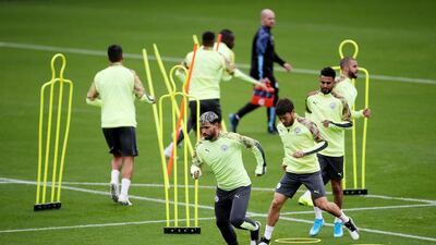 The Manchester City squad training ahead of their Champions League clash against Dinamo Zagreb on Tuesday. Reuters