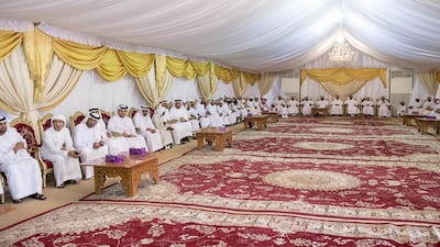 Guests attend to offer condolences to the family of Mohamed Nasser Al Dhaheri, who died when his military helicopter crashed during a routine flight over international waters. Rashed Al Mansoori / Crown Prince Court — Abu Dhabi
