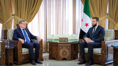 German Foreign Minister Johann Wadephul, left, discussed refugee return with Syria's President Ahmad Al Shara in Damascus in October. Photo by Sana