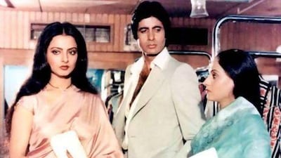 From left, Rekha, Amitabh Bachchan and Jaya Bachchan in a scene from Silsila. Courtesy Yash Raj Films