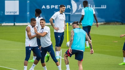 PSG's Kylian Mbappe. left, Achraf Hakimi and Sergio Ramos. EPA