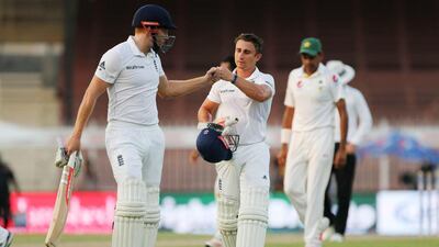 England's James Taylor, centre, and Jonny Bairstow put on 73 runs for the fifth wicket on Day 2 of the second Test against Pakistan in Sharjah. Jason O'Brien / Action Images